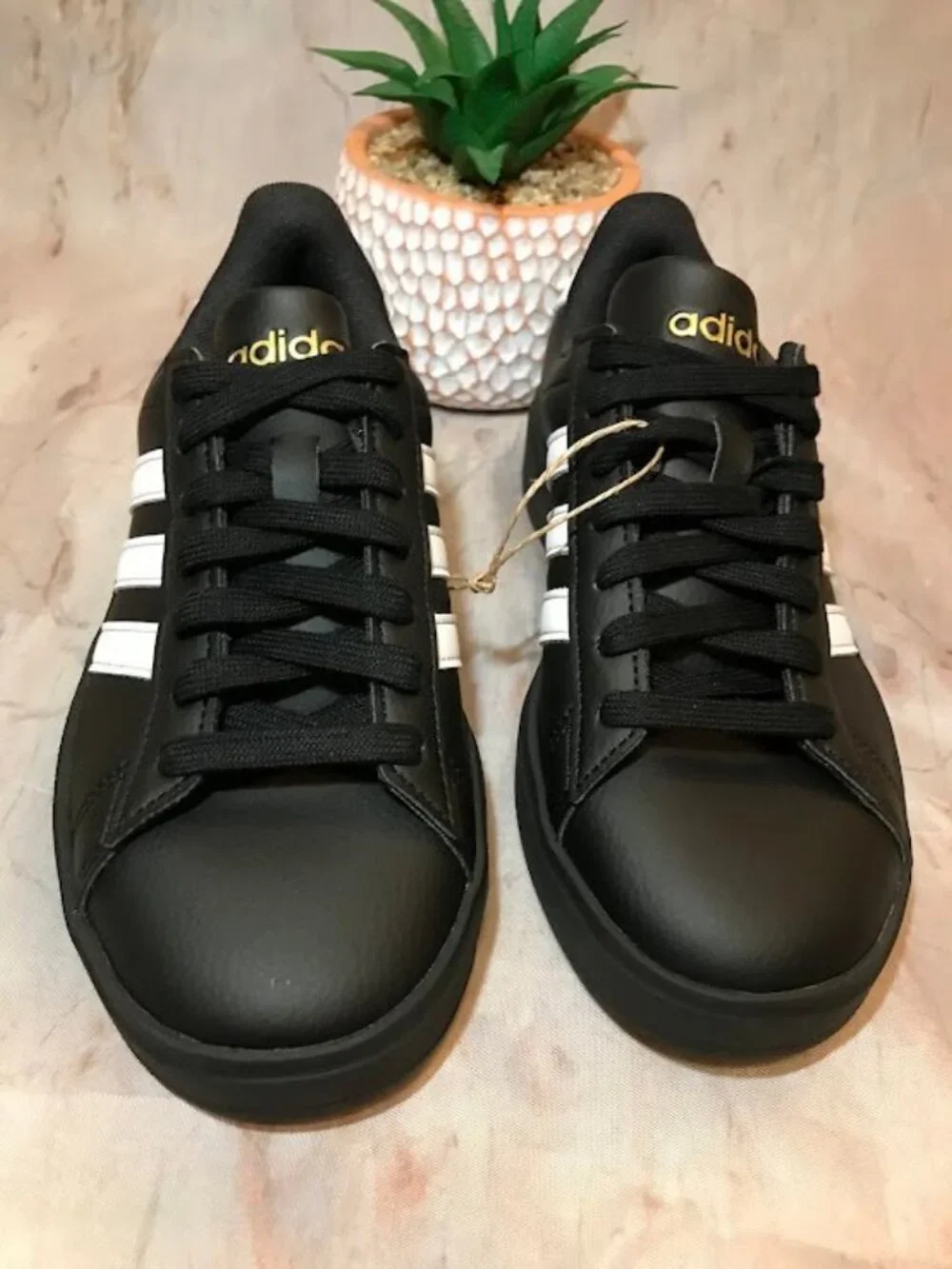 Adidas Black Sneakers Lace-Up with White Stripes and Heel Tab Size 5Y